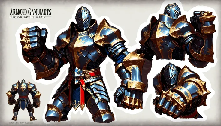 Fantasy gauntlets, armored gauntlets, boxing gauntlets, punching gauntlets, metal gauntlets, heavy gauntlets, concept art, prop art, prop turnarounds, multiple angles, close up view of gauntlets, rough steel gauntlets