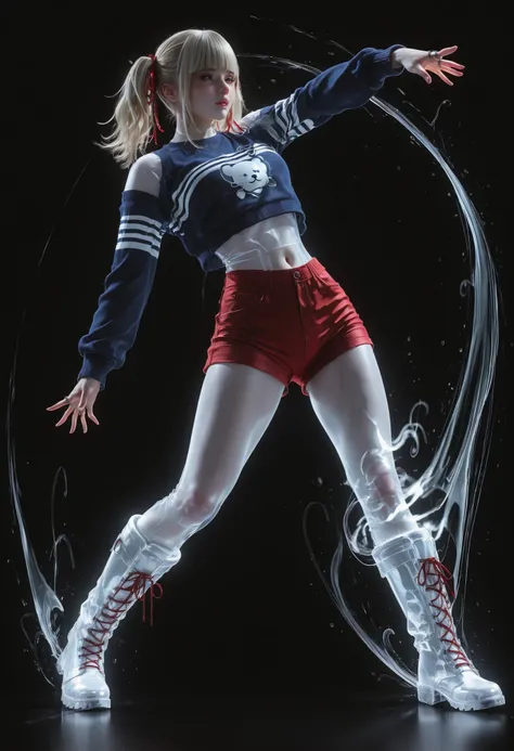 masterpiece,the best quality,newest,nonsense,Highres,1 pop girl,dynamic dance with twist,dynamic pose,white bear hair boots,polar boots,red shorts,navel,dark blue sweater with white stripes,(hairstyle with 2 pigtails),blond hair,bangs,rings,red ribbon on w...