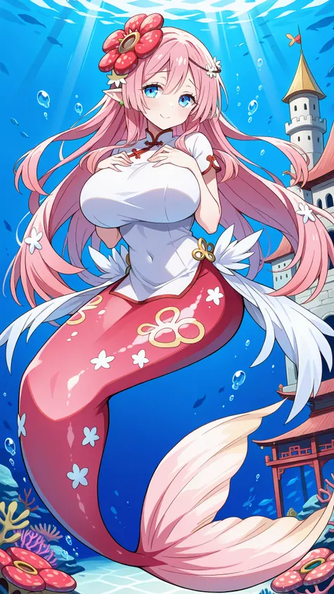 (Fraction_9:0.9),Fraction_8_Up,Fraction_7_Up,grade,(zPDXL3),(   masterpiece),  (best quality ),(All five fingers ),(five fingers),a girl,alone,traptrix_rafflesia,pink hair,hair_flower,long hair,blue eyes,white cheongsam,Chinese cheongsam,Cheongsam clothing...