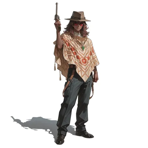 (male), (adult man), (slim body), (brown hair), (dark skin), (red round sunglasses), (calm confident expression), (solo), (single character), (full body version), (white background), (no background), (highly detailed), (shadow), (standing pose with revolve...