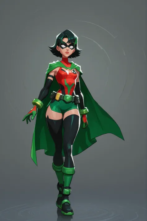 A young girl, wearing a red and green suit with a yellow "R" on the left side of the chest, green shorts, a black utility belt, a black-yellow cape, green gloves, and green leggings. She also wears a black domino mask with white eyes. athletic body, thick ...