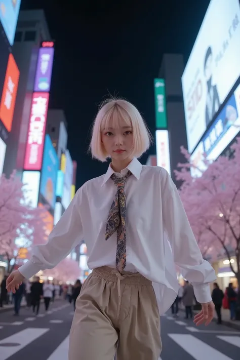 8K resolution front-facing dynamic scene of a 16-17-year-old Japanese girl with a blonde bob haircut, brown almond eyes, and a bright, playful, mischievous smile, featuring realistic anatomy, natural body proportions, and symmetrical features, dressed in a...