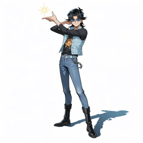 (male), (adult man), (slim body), (black hair), (blue round sunglasses), (happy face), (confident smile), (solo), (single character), (full body version), (white background), (no background), (highly detailed), (shadow), (standing pose), (natural light), (...