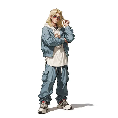 (male), (adult man), (slim body), (blonde hair), (red round sunglasses), (calm face), (confident smile), (solo), (single character), (full body version), (white background), (no background), (highly detailed), (shadow), (standing pose), (natural light), (d...