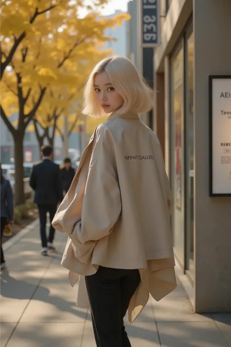 8K resolution dynamic rear three-quarter view scene of a 16-17-year-old Japanese girl with a blonde bob haircut, brown almond eyes, and a bright, playful, mischievous smile, featuring realistic anatomy, natural body proportions, and symmetrical features, i...