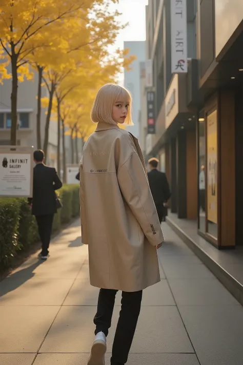8K resolution dynamic rear three-quarter view scene of a 16-17-year-old Japanese girl with a blonde bob haircut, brown almond eyes, and a bright, playful, mischievous smile, featuring realistic anatomy, natural body proportions, and symmetrical features, i...
