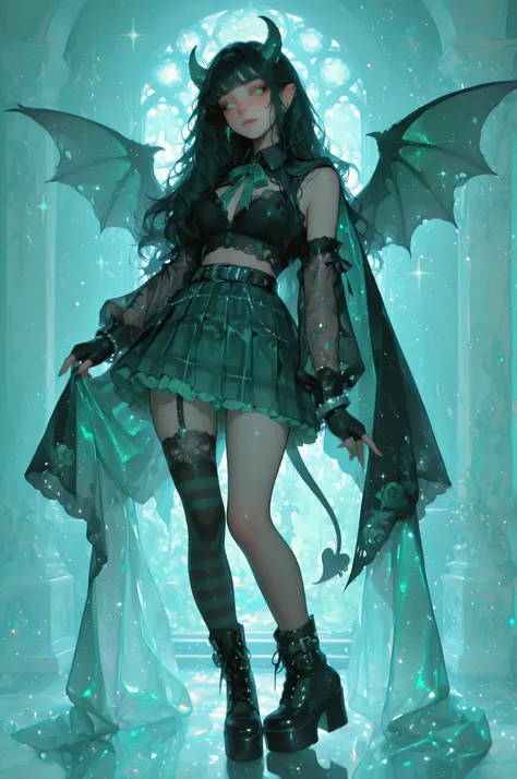 cElesTiana,neon dreamcore,iridescent glow,holographic,pastel void,luminescent skin,celestial tones,smooth reflective surface,glowing eyes,shimmercore,1girl,long flowing black hair, emerald green eyes, demon girl, demon horns, demon black wings, a black cro...