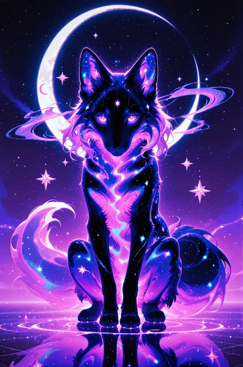 cElesTiana,neon dreamcore,iridescent glow,holographic,pastel void,luminescent skin,celestial tones,smooth reflective surface,glowing eyes,shimmercore,fox(animal), purple glow, whimsical, magic, stars, crescent moon, masterpiece, best quality, highly detail...