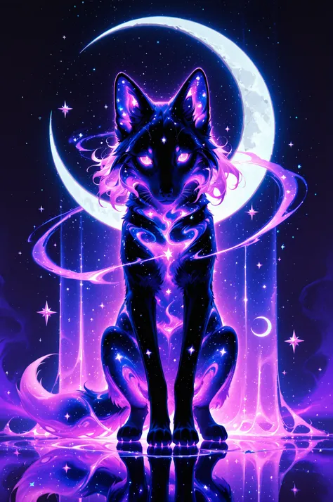 cElesTiana,neon dreamcore,iridescent glow,holographic,pastel void,luminescent skin,celestial tones,smooth reflective surface,glowing eyes,shimmercore,fox(animal), purple glow, whimsical, magic, stars, crescent moon, masterpiece, best quality, highly detail...