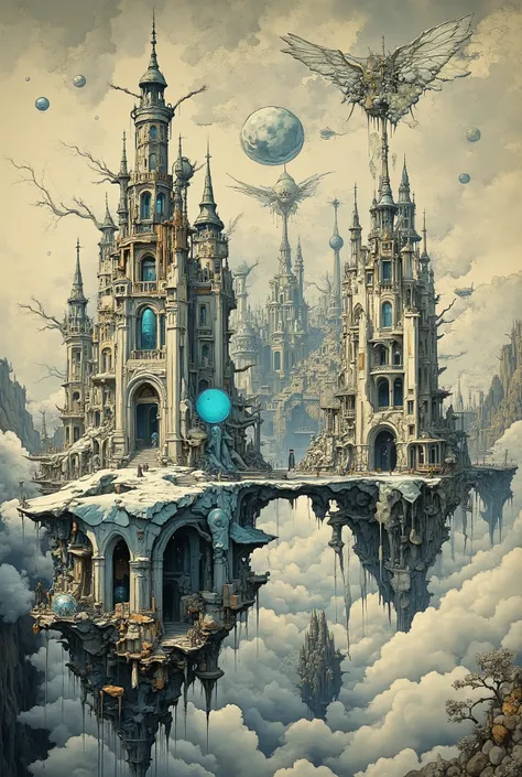 Main scene: [A city of polished white stone and glowing crystal] floats in [an endless sea of fluffy clouds] beneath [a sky where three moons of different colors hang motionless]. The architecture is [a surreal blend of gothic spires and smooth, organic sh...