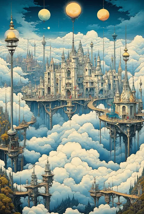 Main scene: [A city of polished white stone and glowing crystal] floats in [an endless sea of fluffy clouds] beneath [a sky where three moons of different colors hang motionless]. The architecture is [a surreal blend of gothic spires and smooth, organic sh...