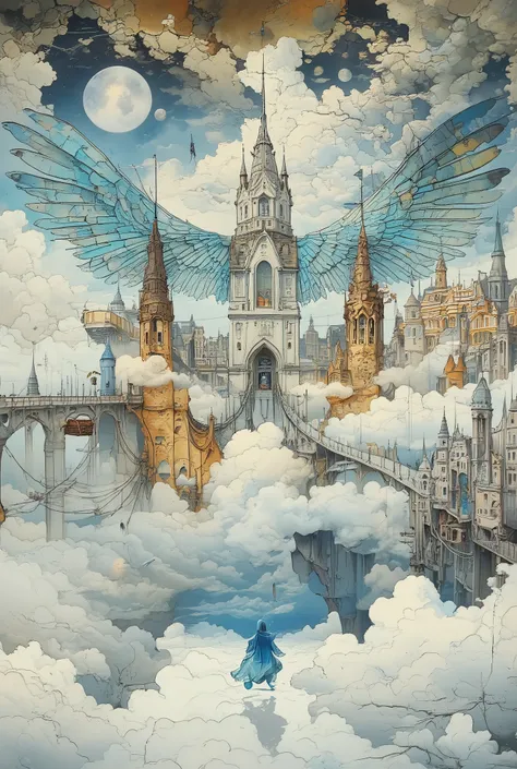 Main scene: [A city of polished white stone and glowing crystal] floats in [an endless sea of fluffy clouds] beneath [a sky where three moons of different colors hang motionless]. The architecture is [a surreal blend of gothic spires and smooth, organic sh...