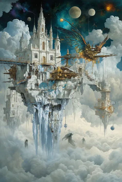 Main scene: [A city of polished white stone and glowing crystal] floats in [an endless sea of fluffy clouds] beneath [a sky where three moons of different colors hang motionless]. The architecture is [a surreal blend of gothic spires and smooth, organic sh...