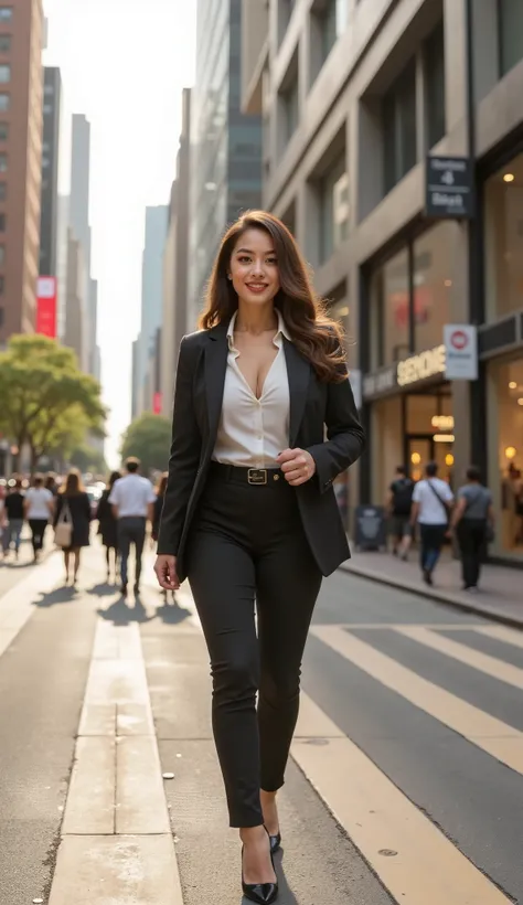 1girl, smile, iridescence, dramatic angle, after working , lady bussines , walking at the town