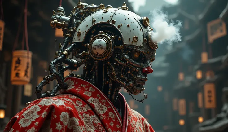 cpstyle01, close-up of a Japanese robot, composed of complex pipes and precise machines, It has a sophisticated white exoskeleton. robot wears a red floral kimono, atmospheric lighting that combines traditional elegance with steampunk elements. atmospheric...