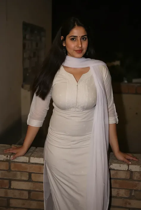 Beautiful chubby muslim Pakistani fair round face, chubby thick voluptuous body, mature housewife standing on abandoned building terace, leaning back on brick wall, wearing half sleeve kurti salwar, white sher scarf pallu, midnight darkness in background, ...