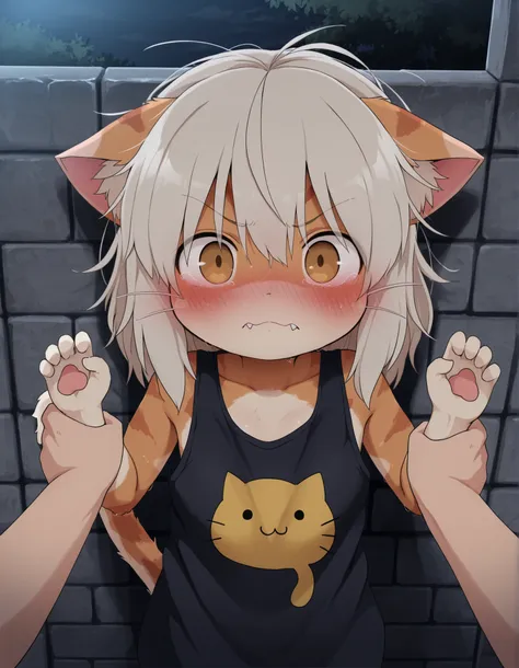 Dagashi,, 1girl, petite, (skinny and frail:0.7), cat girl, against wall, stone wall, brown eyes,looking at viewer, grey hair, medium hair, messy hair, angry, (scared:0.4), (open mouth:0.5), fangs, hands up, (tearing up:0.5), tail raised, torn clothes, stra...