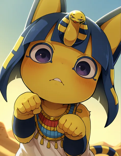 Dagashi,, depth of field, 1girl, furry, ankha \(animal crossing\), expressionless, eye reflection, yellow background, yellow theme, blue background, desert,, purple eyes, glowing eyes, wide-eyed, paw pose, looking at viewer, close-up, parted lips,