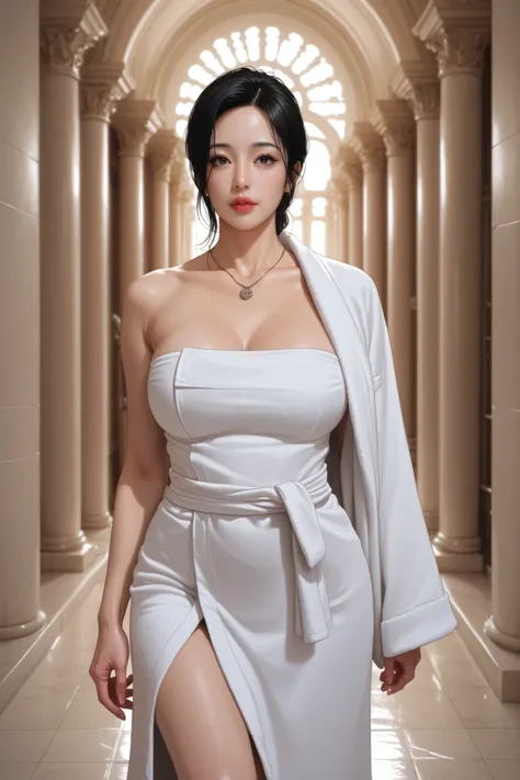 Korean mature woman. mature face. necklace.  black hair. A tube top made of white towels, skirt. White bathrobe. I'm walking through a palace hallway with marble columns. Realistic Ultra HD