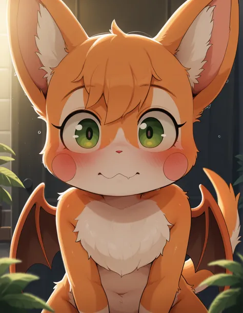 Dagashi,, masterpiece, best quality, very aesthetic, (1girl:0.7),, (solo:1.3), furry, fidget \(elysian tail\), nimbat, fidget_daet, anthro, furry female, wings, tail, green eyes, colored sclera, bat wings, facial markings, orange fur, white fur, two-tone f...