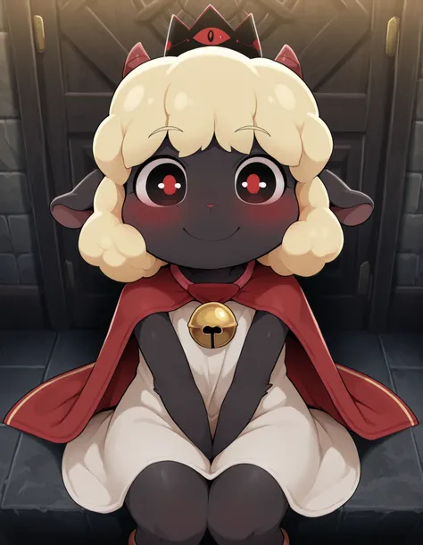 Dagashi,, masterpiece, best quality, very aesthetic, 1girl, solo, cult of the lamb, sheep girl, collar, horizontal pupils, red/black eyes, red crown,