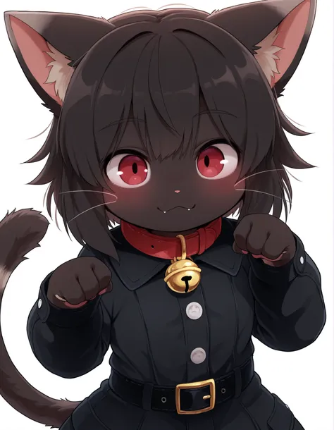 Dagashi,, masterpiece, best quality, very aesthetic, 1girl, solo, white background, looking at viewer, portrait, paw pose, :3, furry female, cat girl, animal ears, black hair, short hair, black skin, red eyes, cat tail, black jacket, buttons, long sleeves,...