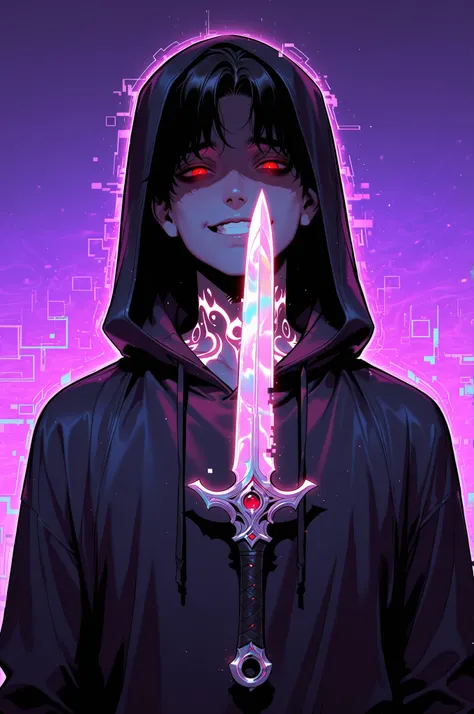 cElesTiana,neon dreamcore,iridescent glow,holographic,pastel void,luminescent skin,celestial tones,smooth reflective surface,glowing eyes,shimmercore,1boy, male focus, black hair, red eyes, ornate knife,grin, yandere expression, black gothic hoodie, dark u...