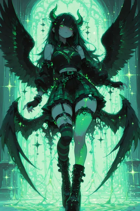 cElesTiana,neon dreamcore,iridescent glow,holographic,pastel void,luminescent skin,celestial tones,smooth reflective surface,glowing eyes,shimmercore,1girl,long flowing black hair, emerald green eyes, demon girl, demon horns, demon black wings, a black cro...