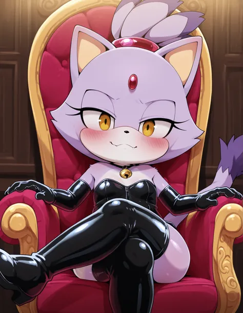 Dagashi,, 1girl, solo, latex, latex gloves, latex legwear, crossed legs, looking at viewer, relaxed expression, furry, blaze the cat, purple fur, topknot, ponytail, cat tail, yellow eyes, extremely detailed, highres, masterpiece, best quality,