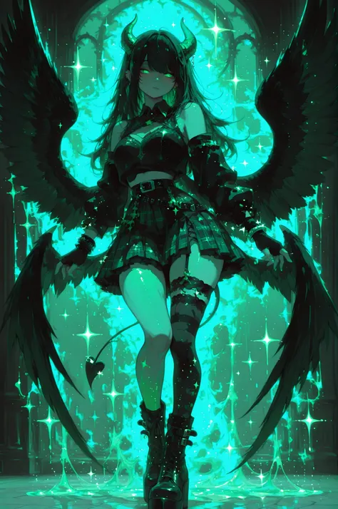 cElesTiana,neon dreamcore,iridescent glow,holographic,pastel void,luminescent skin,celestial tones,smooth reflective surface,glowing eyes,shimmercore,1girl,long flowing black hair, emerald green eyes, demon girl, demon horns, demon black wings, a black cro...