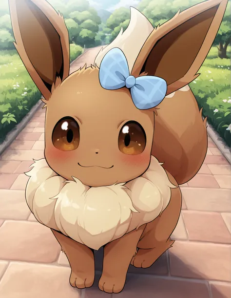 Dagashi,, pokekid, eevee, fluffy girl, furry girl, female, smile, smiling, has a big pretty bow in her hair, has animal paws for hands, 1girl, best quality, outdoors, high definition, cute,
