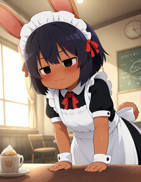 Dagashi,, solo, Maya Hell,black eyes,dark hair,bob cut,Maid Outfit、White Apron、White Headdress、 with rabbit ears、cafe