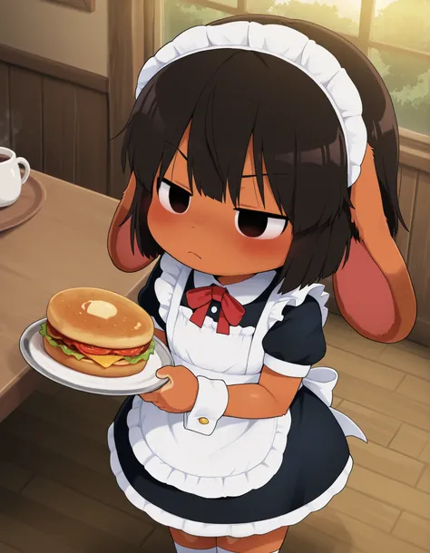 Dagashi,, solo, Maya Hell,black eyes,dark hair,bob cut,Maid Outfit、White Apron、White Headdress、 with rabbit ears、cafe