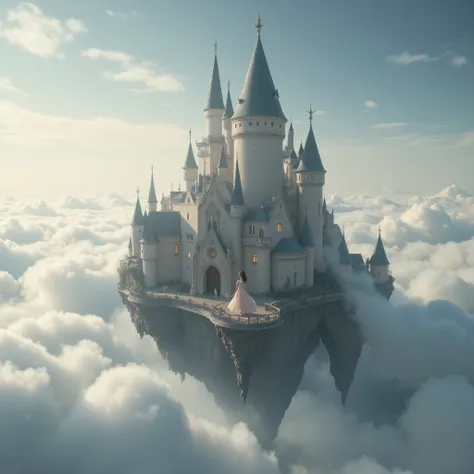 (masterpiece, best quality:1.2), Today's theme「Castle in the Sky」is
It's the end point of dreams、and a lonely eternity above a sea of clouds。Neuss Vanstein Castle floating in the sky。A beautiful woman in a dress is standing。