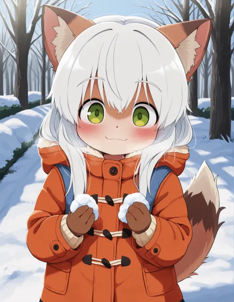 Dagashi,, anime, solo, BREAK, young fox girl, skinny and frail, (petite,cute:0.5), green eyes, looking at viewer, long hair, white hair, smile, winter clothes, outdoors, winter,