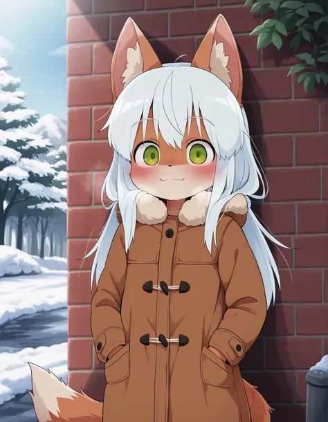 Dagashi,, anime, solo, BREAK, young fox girl, skinny and frail, (petite,cute:0.5), green eyes, looking at viewer, long hair, white hair, smile, winter clothes, outdoors, winter,