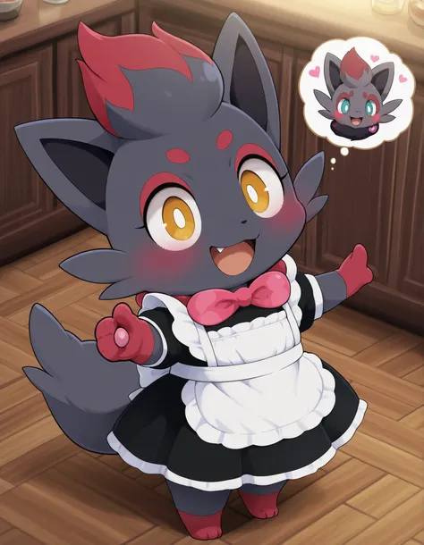 Dagashi,, zorua, pokemon, cute, happy, masterpieces, chibi, maid apron,