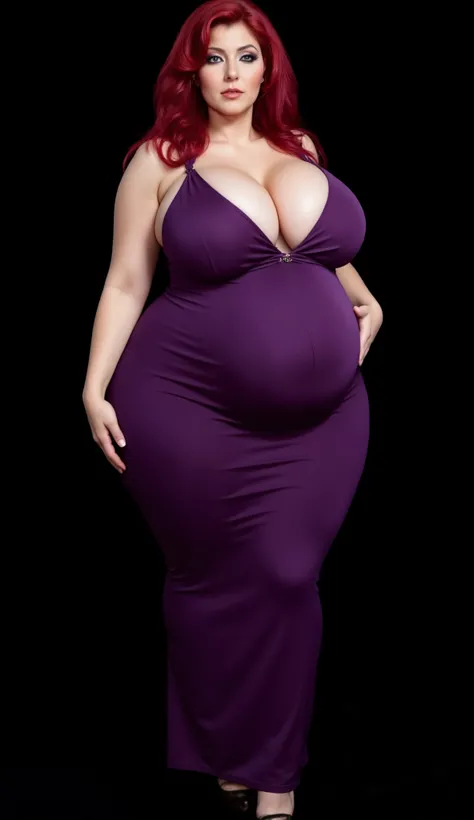 Background:black一色(black:2.0, Darkness:2.0, No lights),Refined designセクシークイーンGold Rimmedロングドレス(Gold Rimmed, purple suede fabric, ankle length long dress, Refined design), pregnant woman,pregnant woman(50-Year-Old Mature Woman、Super Giant Bust(extremely sag...
