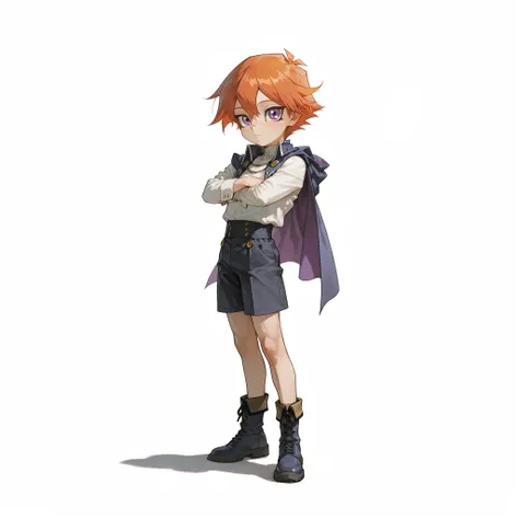 (male), (child boy), (slim body), (orange hair), (purple eyes), (calm expression), (solo), (single character), (full body version), (white background), (no background), (highly detailed), (shadow), (standing pose), (natural light), (detailed outfit), (deta...
