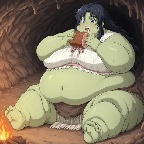Becoming a orc, monster, Orc, Female Orc, green skin, tusks, Orc, fangs, 1girl, Kaoru Kamiya, Kaoru Kamiya,　 long hair, pink barrette ribbon , bangs, blue eyes, Thighs, Black Hair, messy hair, fabric clothes, loincloth, blank_stare, empty_stare,  fat, chub...