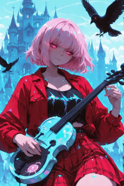 cElesTiana,neon dreamcore,iridescent glow,holographic,pastel void,luminescent skin,celestial tones,smooth reflective surface,glowing eyes,shimmercore,1girl, long pink hair, rose  eyes,short hair, punk style, red jacket, white cut-out top, red pleated plaid...