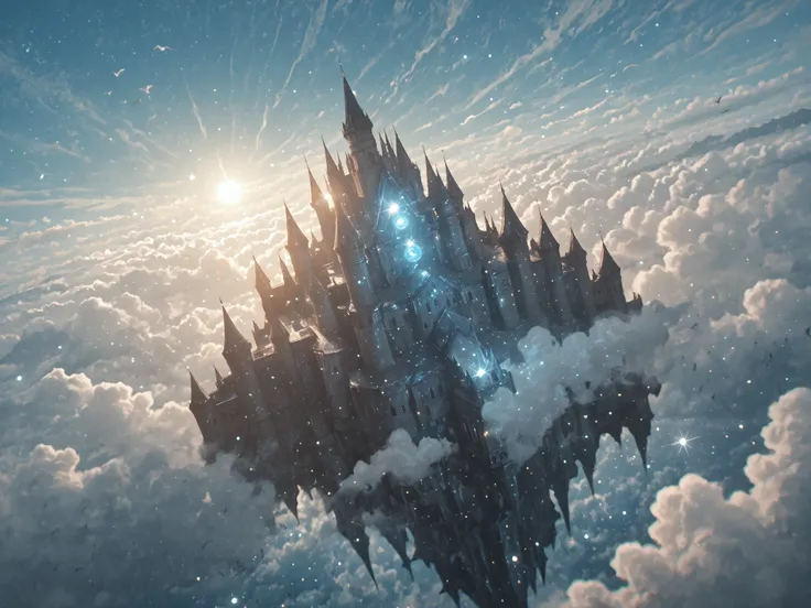 (((film grain, chromatic aberration))), cinematic composition, dynamic lighting, dramatic lighting, dramatic shadows, Castle in the sky, giant castle, architecture, sunlight, Clouds, wind, birds, dynamic angle, day, sun, blue sky, depth of field, scenery...