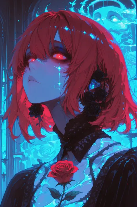 cElesTiana,neon dreamcore,iridescent glow,holographic,pastel void,luminescent skin,celestial tones,smooth reflective surface,glowing eyes,shimmercore,1boy,male, A captivating portrait of a pale-skinned, male with messy red hair, adorned with intricate deta...