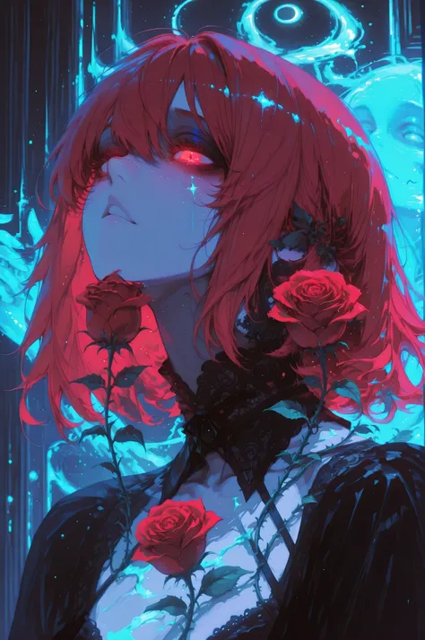 cElesTiana,neon dreamcore,iridescent glow,holographic,pastel void,luminescent skin,celestial tones,smooth reflective surface,glowing eyes,shimmercore,1boy,male, A captivating portrait of a pale-skinned, male with messy red hair, adorned with intricate deta...