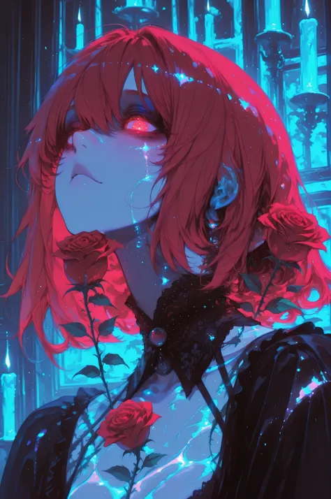 cElesTiana,neon dreamcore,iridescent glow,holographic,pastel void,luminescent skin,celestial tones,smooth reflective surface,glowing eyes,shimmercore,1boy,male, A captivating portrait of a pale-skinned, male with messy red hair, adorned with intricate deta...