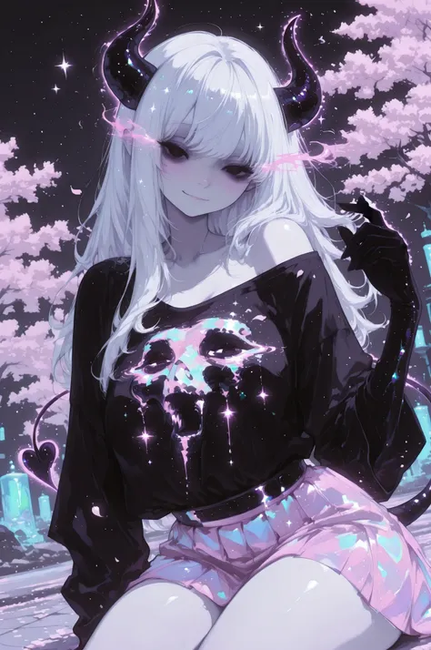 cElesTiana,neon dreamcore,iridescent glow,holographic,pastel void,luminescent skin,celestial tones,smooth reflective surface,glowing eyes,shimmercore,, a very pale white skin demon girl with black horns, (pitch black eyes), wearing off shoulder t-shirt, pi...