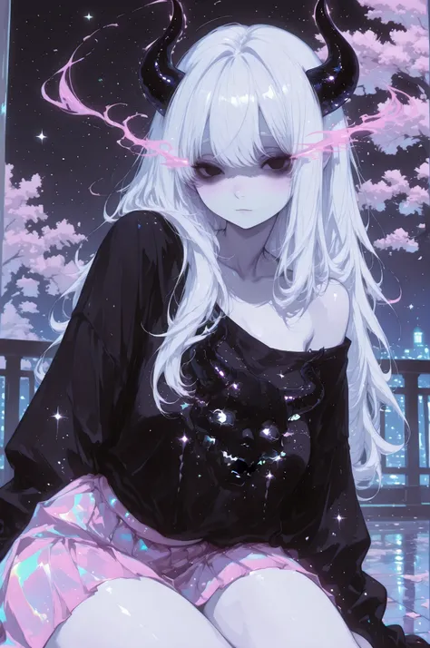 cElesTiana,neon dreamcore,iridescent glow,holographic,pastel void,luminescent skin,celestial tones,smooth reflective surface,glowing eyes,shimmercore,, a very pale white skin demon girl with black horns, (pitch black eyes), wearing off shoulder t-shirt, pi...