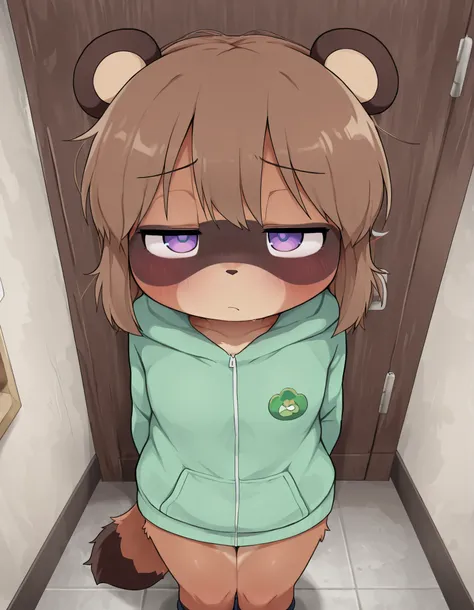 Dagashi,, best quality, masterpiece, moe, furry, raccoon dog, 1girl, petite, brown short hair, half closed eyes, shy, green parka, standing, Put your hands on the wall, looking at viewer, Room hallway, from above,