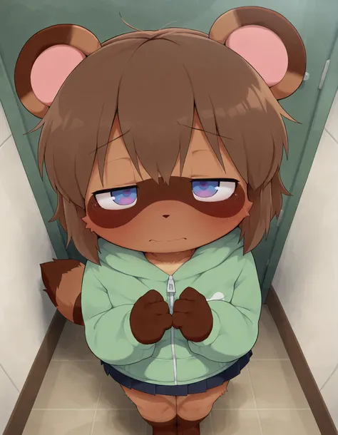 Dagashi,, best quality, masterpiece, moe, furry, raccoon dog, 1girl, petite, brown short hair, half closed eyes, shy, green parka, standing, Put your hands on the wall, looking at viewer, Room hallway, from above,