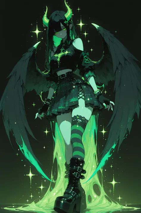 cElesTiana,neon dreamcore,iridescent glow,holographic,pastel void,luminescent skin,celestial tones,smooth reflective surface,glowing eyes,shimmercore,1girl,long flowing black hair, emerald green eyes, demon girl, demon horns, demon black wings, a black cro...